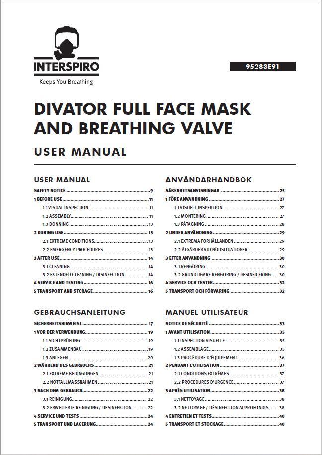 Diving user manual: 95283E - Divator Full Face Mask and BV