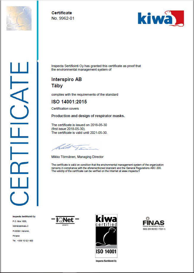 Interspiro ISO 14001 Certificate