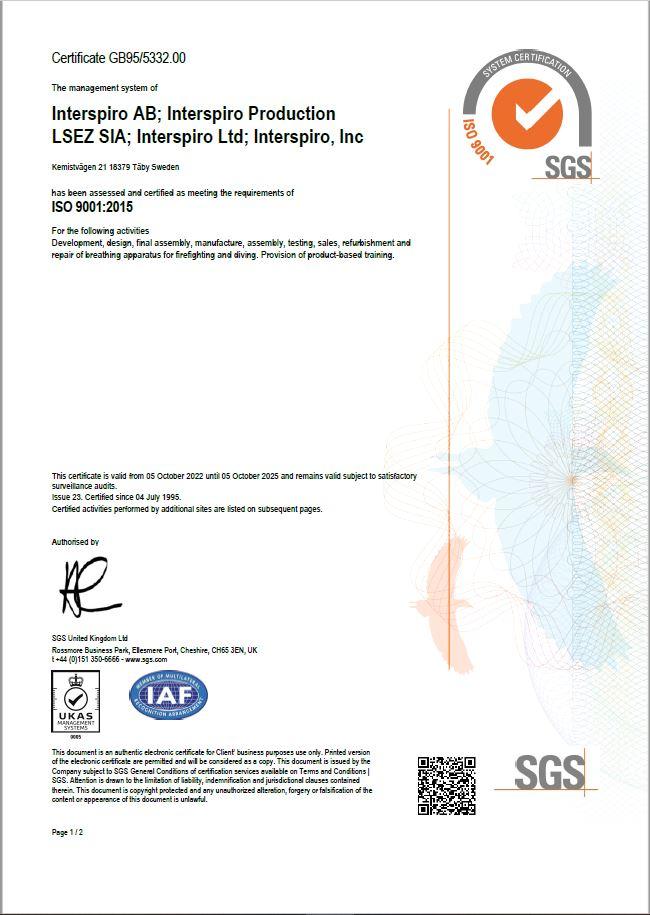 Interspiro ISO 9001:2015 Certificate