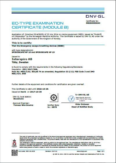 Spiroscape Marine Equipment Directive Certificate